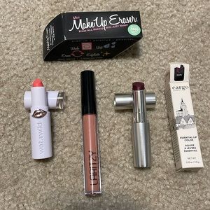 Makeup bundle of 3 lip products and a mini makeup eraser.